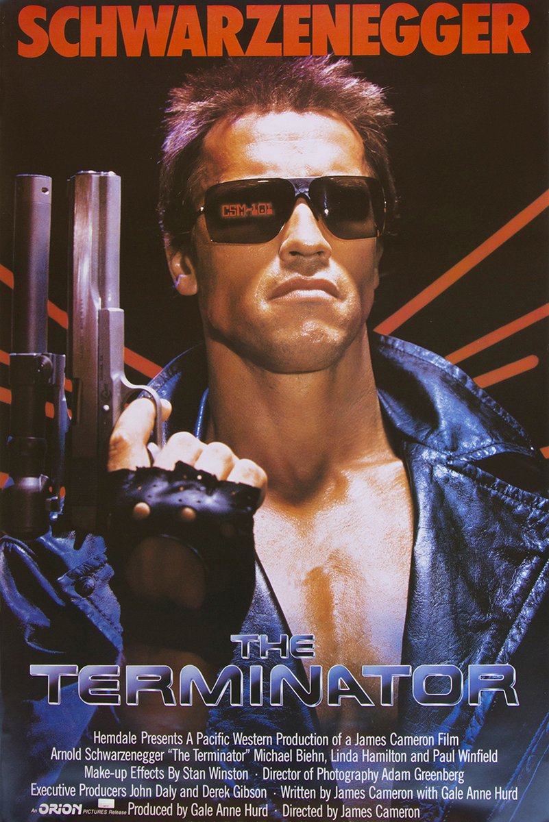The Terminator poster features Arnold Schwarzenegger in sunglasses and a black leather jacket holding a shotgun against red rays.