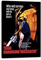 The Texas Chain Saw Massacre wall art print on a thick black-edged canvas depicts a chainsaw-wielding masked man and terrified woman.
