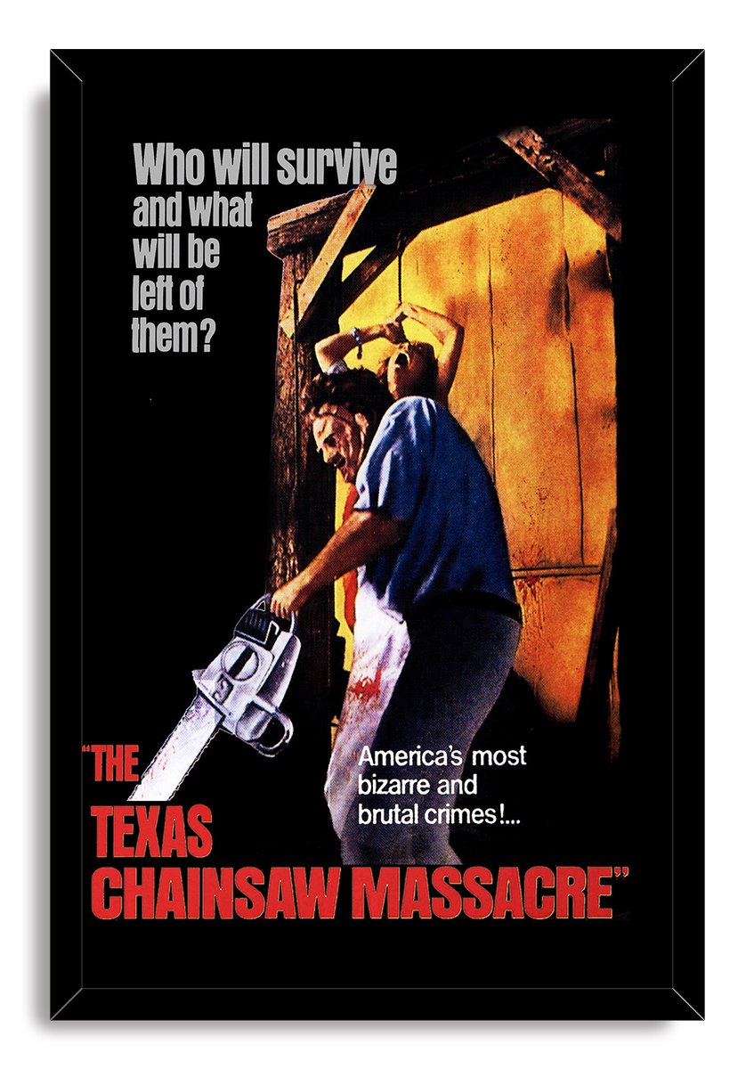 The Texas Chain Saw Massacre framed wall art print presents a chainsaw-wielding masked figure, screaming woman, and bold red title.