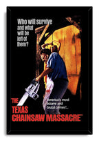 The Texas Chain Saw Massacre framed wall art print presents a chainsaw-wielding masked figure, screaming woman, and bold red title.