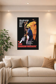The Texas Chain Saw Massacre Horror Film in a bright living room above a beige sofa.