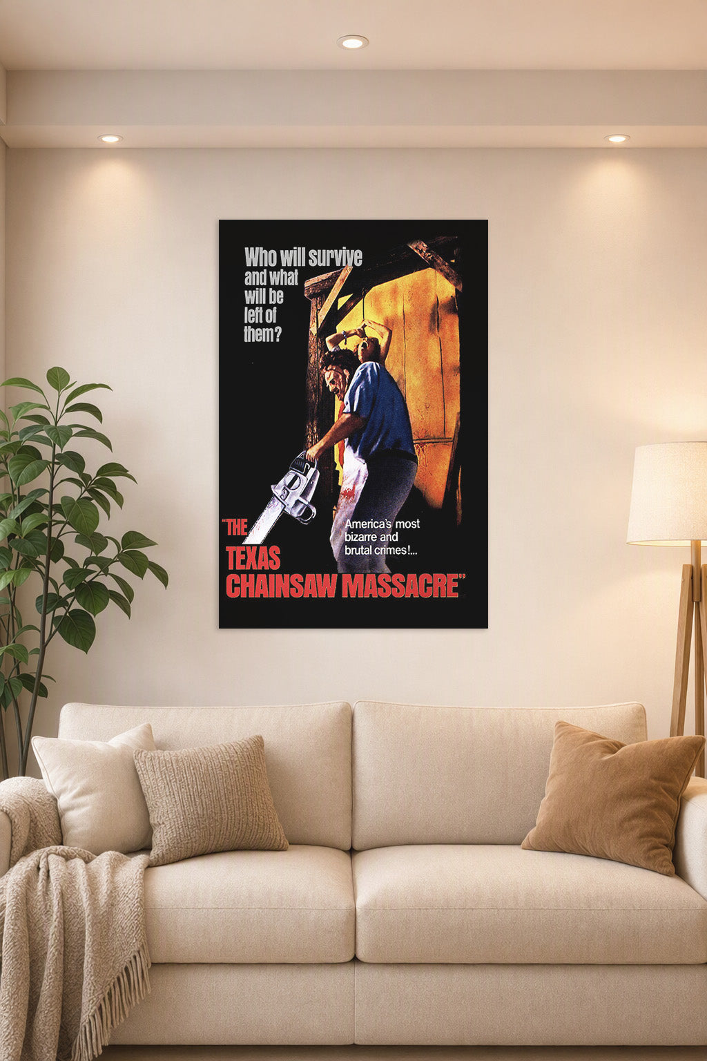 The Texas Chain Saw Massacre Horror Film in a bright living room above a beige sofa.