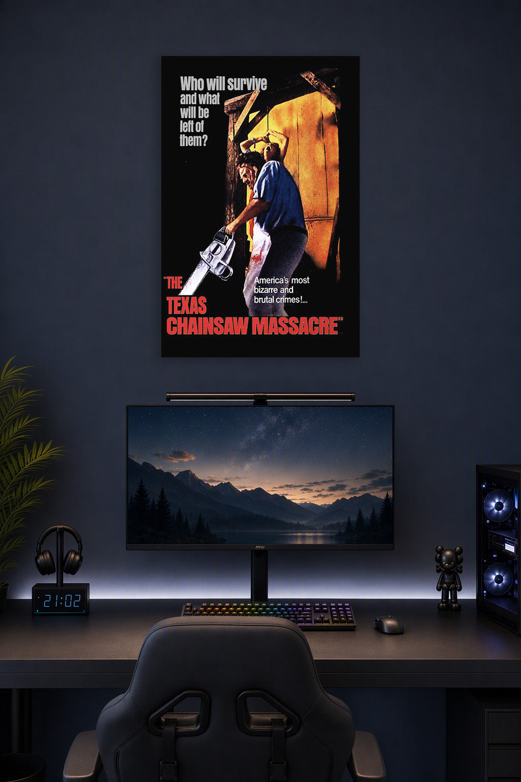 The Texas Chain Saw Massacre Horror Film in a gaming desk setup above a monitor.