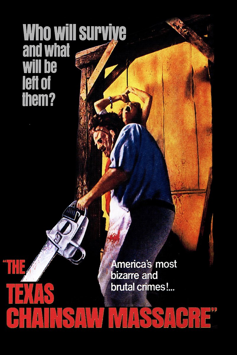 The Texas Chain Saw Massacre poster features a masked man with a chainsaw beneath a screaming woman and red title text.