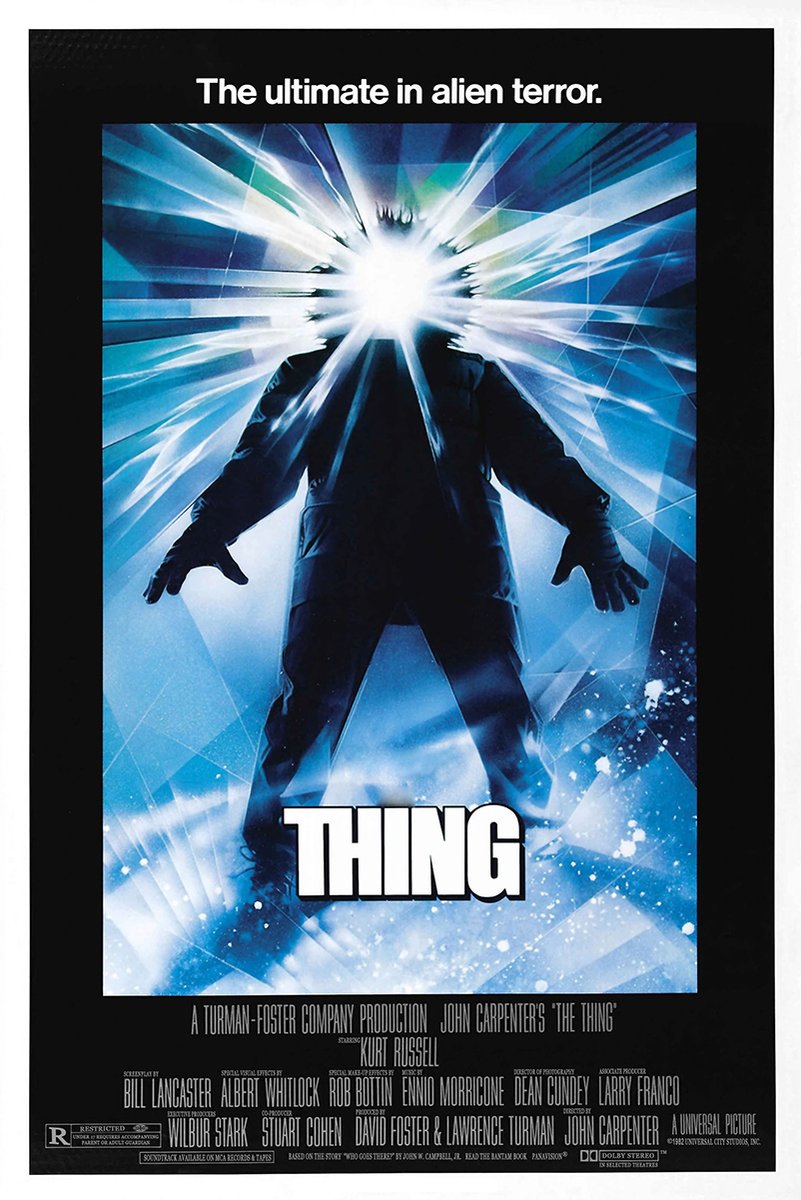 The Thing poster features a dark-clad figure with a blazing white face amid jagged blue light rays and snow.