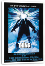 The Thing canvas wall art print displays a silhouetted winter figure, radiant white glow, blue fractured ice, and bold title text.