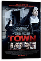 The Town canvas wall art print displays masked nun robbers with rifles, an armored truck, cast names, and a red title.