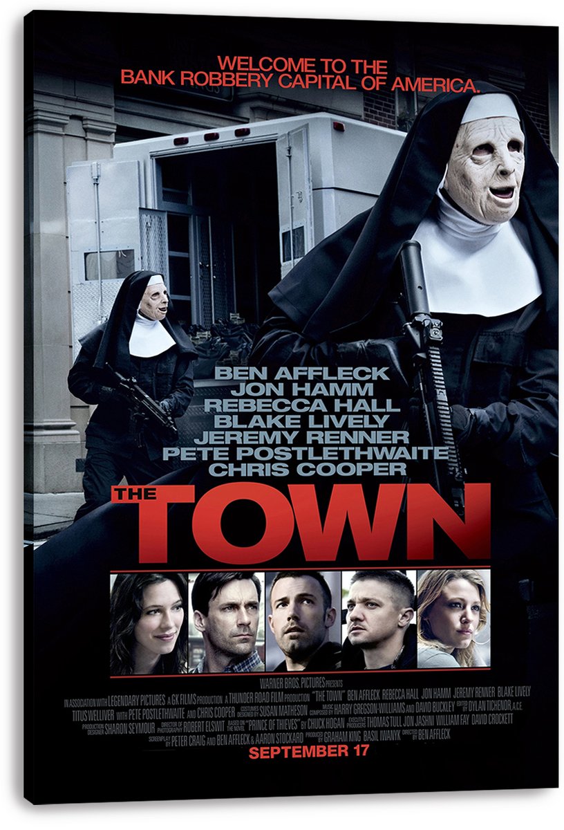 The Town canvas wall art print displays masked nun robbers with rifles, an armored truck, cast names, and a red title.