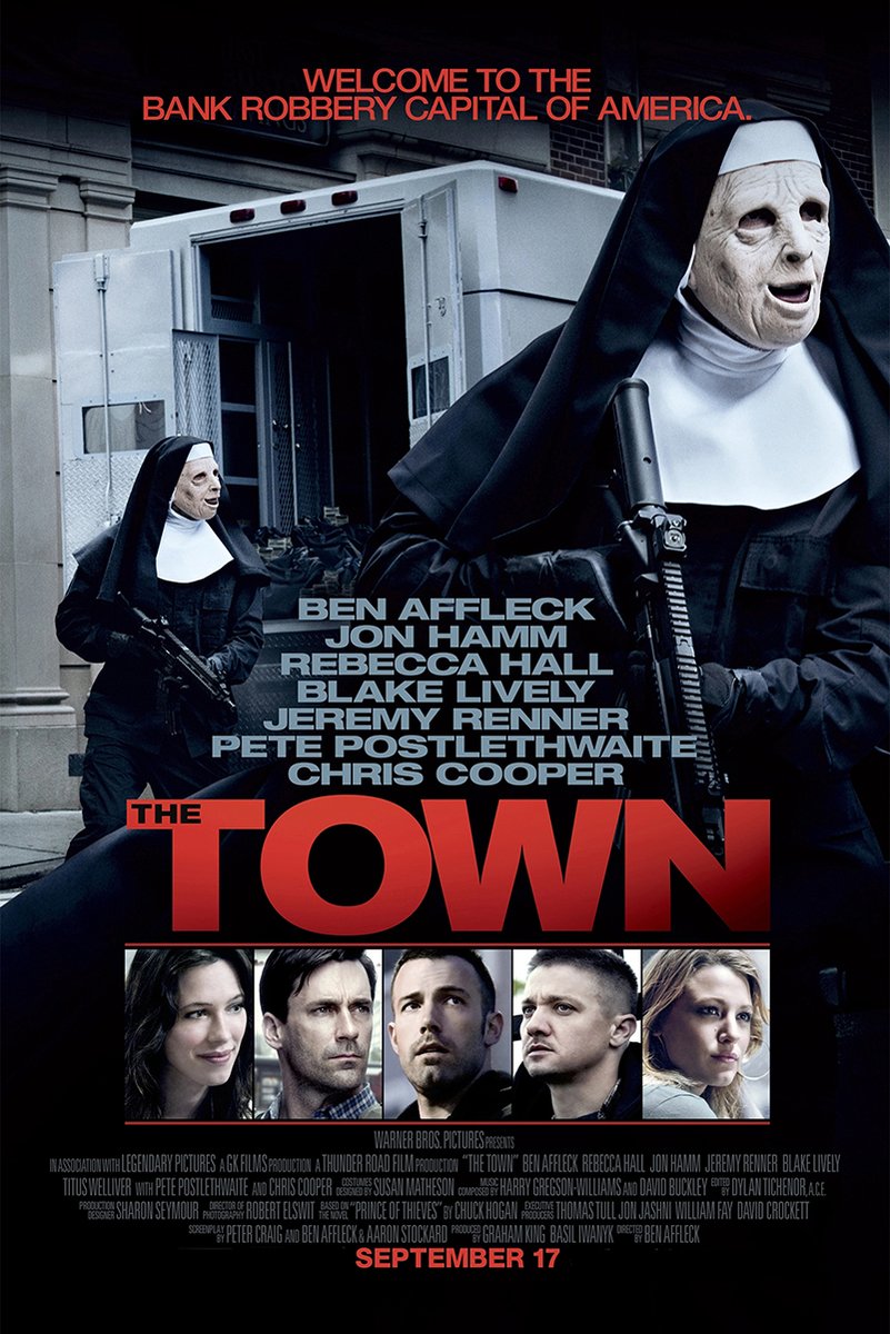 The Town movie poster features armed robbers in nun masks beside an armored truck, cast portraits, and bold red title text.
