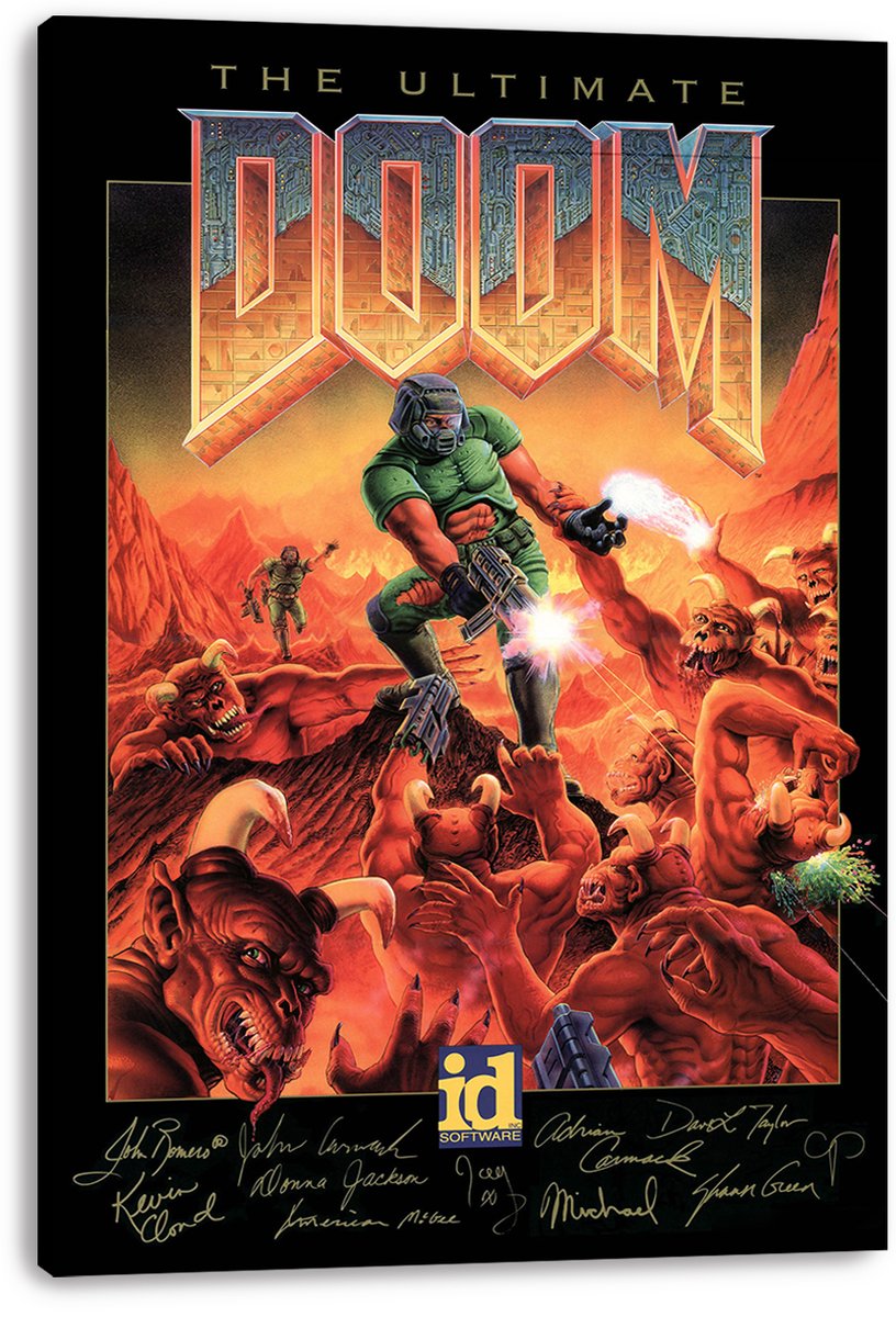 The Ultimate Doom canvas wall art displays a green-armored marine battling horned demons beneath the metallic Doom logo.