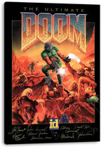 The Ultimate Doom canvas wall art displays a green-armored marine battling horned demons beneath the metallic Doom logo.