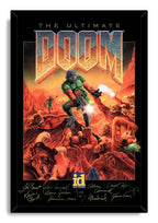 The Ultimate Doom framed wall art print portrays an armed green-armored marine surrounded by red demons in a blazing landscape.
