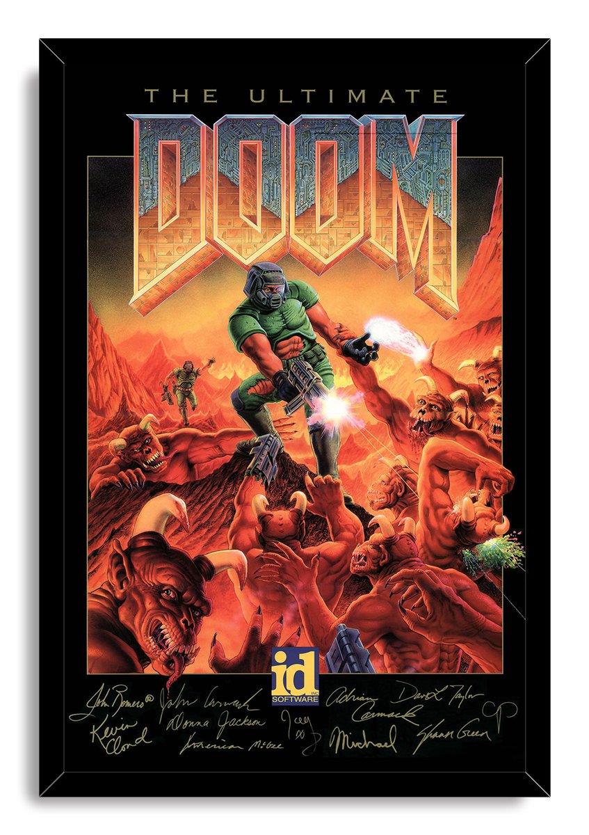 The Ultimate Doom framed wall art print portrays an armed green-armored marine surrounded by red demons in a blazing landscape.