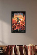 The Ultimate Doom Game Art in a cozy movie room above a brown sofa with popcorn.