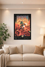 The Ultimate Doom Game Art in a bright living room above a beige sofa.