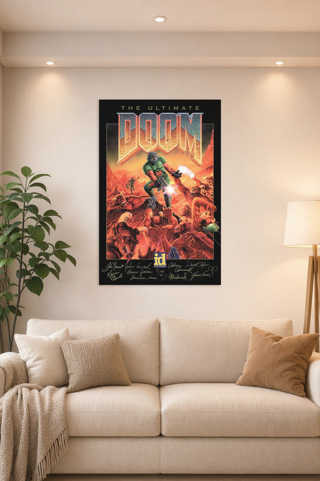 The Ultimate Doom Game Art in a bright living room above a beige sofa.