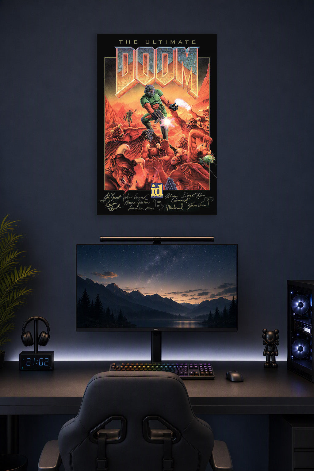 The Ultimate Doom Game Art in a gaming desk setup above a monitor.