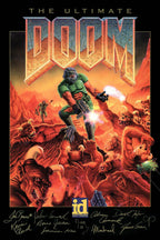 The Ultimate Doom poster features a green-armored marine firing at red horned demons in a fiery orange hellscape.
