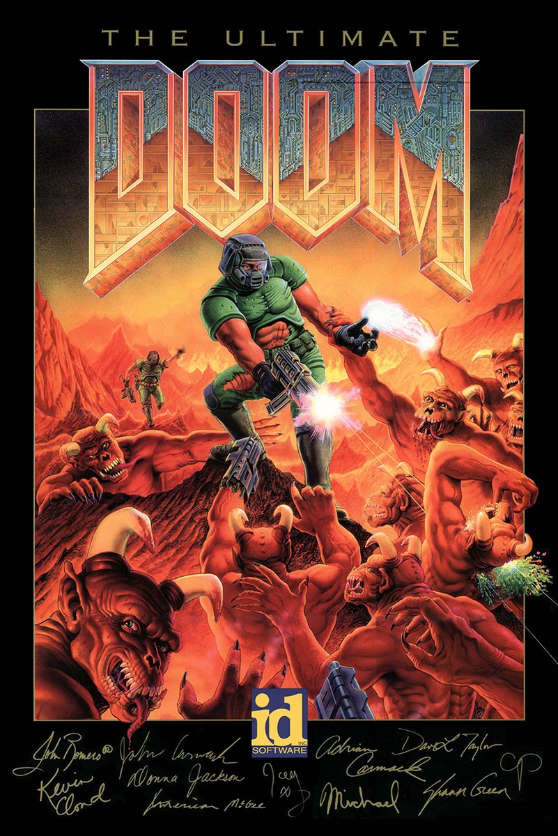 The Ultimate Doom poster features a green-armored marine firing at red horned demons in a fiery orange hellscape.