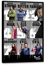 The Umbrella Academy canvas wall art print presents six costumed characters, umbrellas, and graphic Super text in a black-edged display.