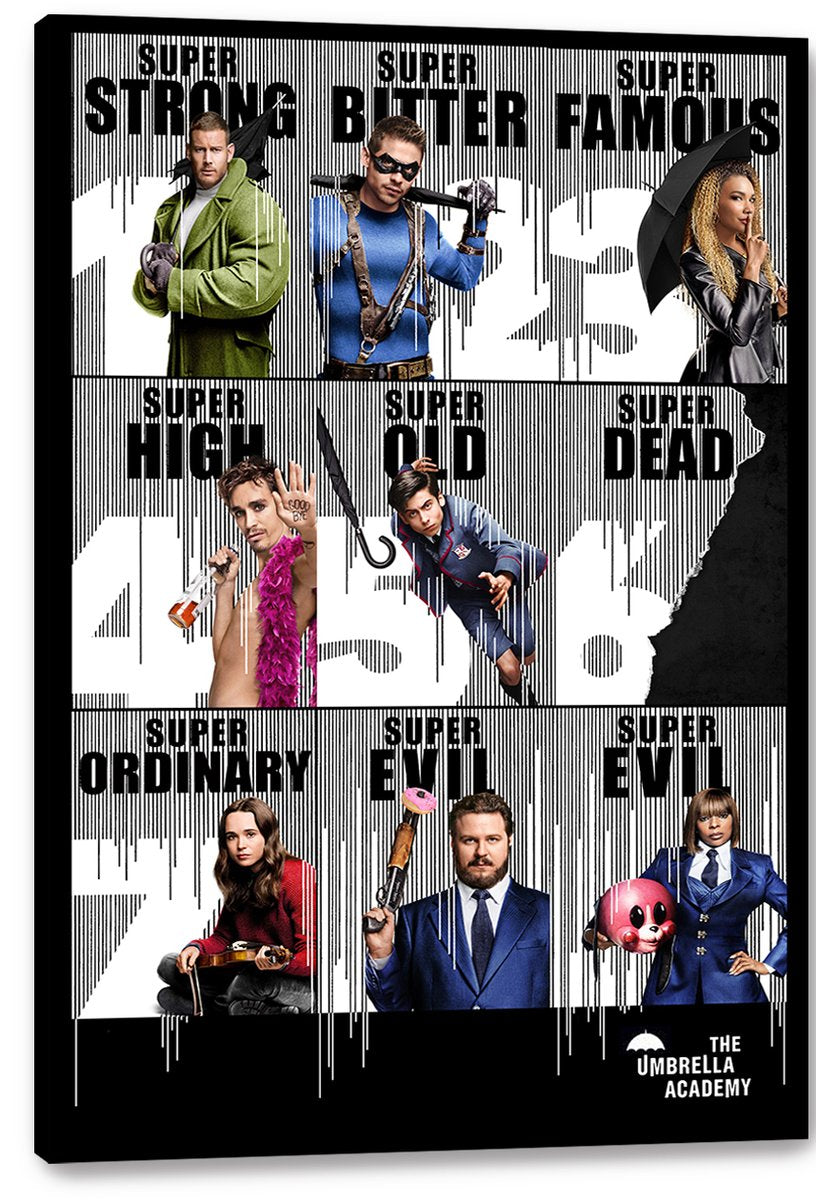 The Umbrella Academy canvas wall art print presents six costumed characters, umbrellas, and graphic Super text in a black-edged display.