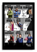 The Umbrella Academy framed wall art print features six character portraits and bold Super captions within a sleek black frame.