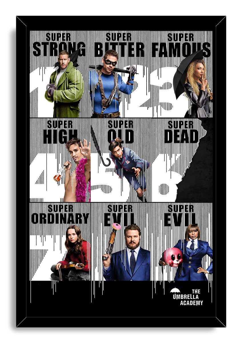 The Umbrella Academy framed wall art print features six character portraits and bold Super captions within a sleek black frame.