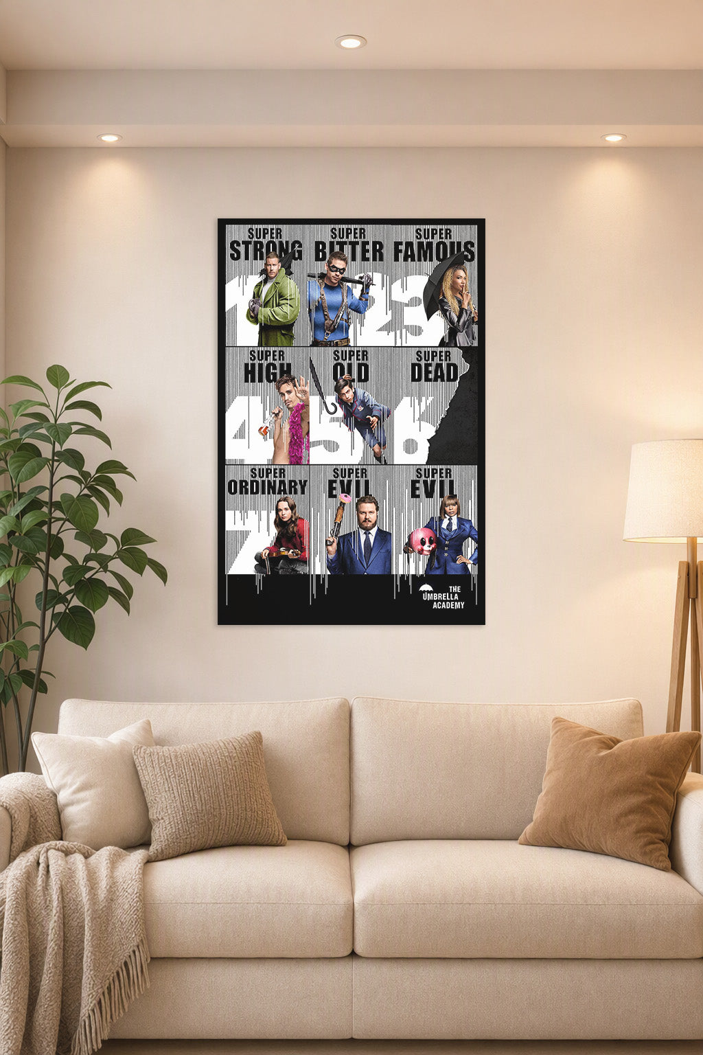 The Umbrella Academy Characters in a bright living room above a beige sofa.