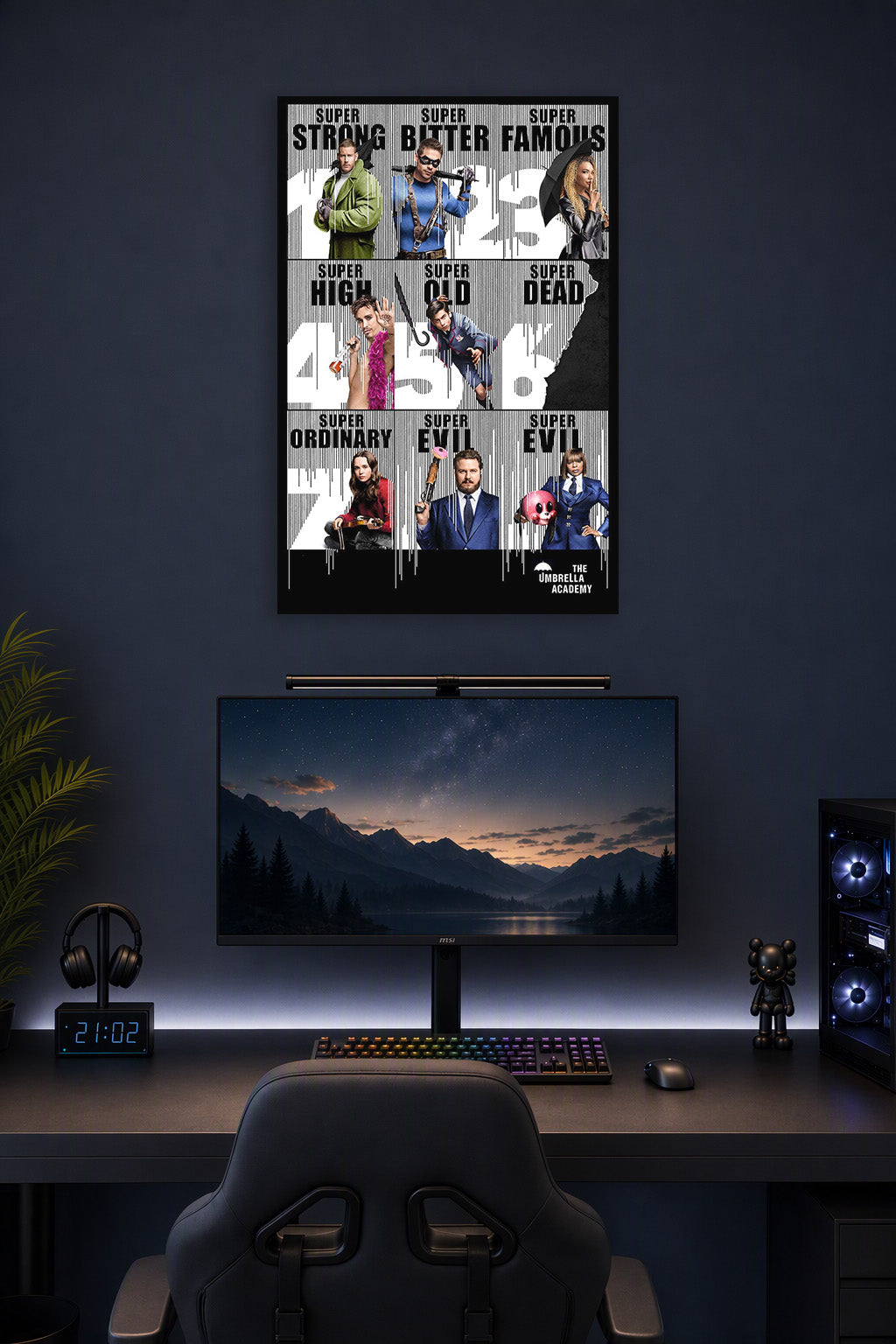 The Umbrella Academy Characters in a gaming desk setup above a monitor.