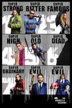 The Umbrella Academy wall art print features character portraits in a black, white, blue, green, and red grid with bold Super labels.
