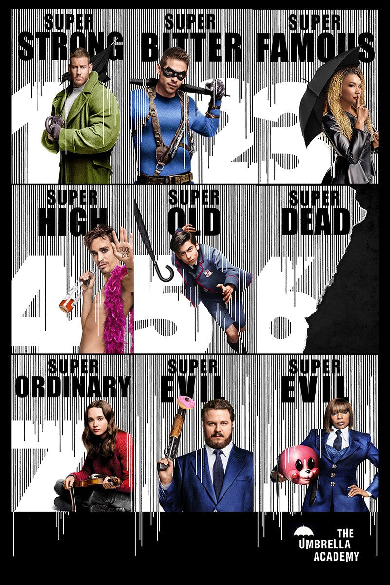 The Umbrella Academy wall art print features character portraits in a black, white, blue, green, and red grid with bold Super labels.