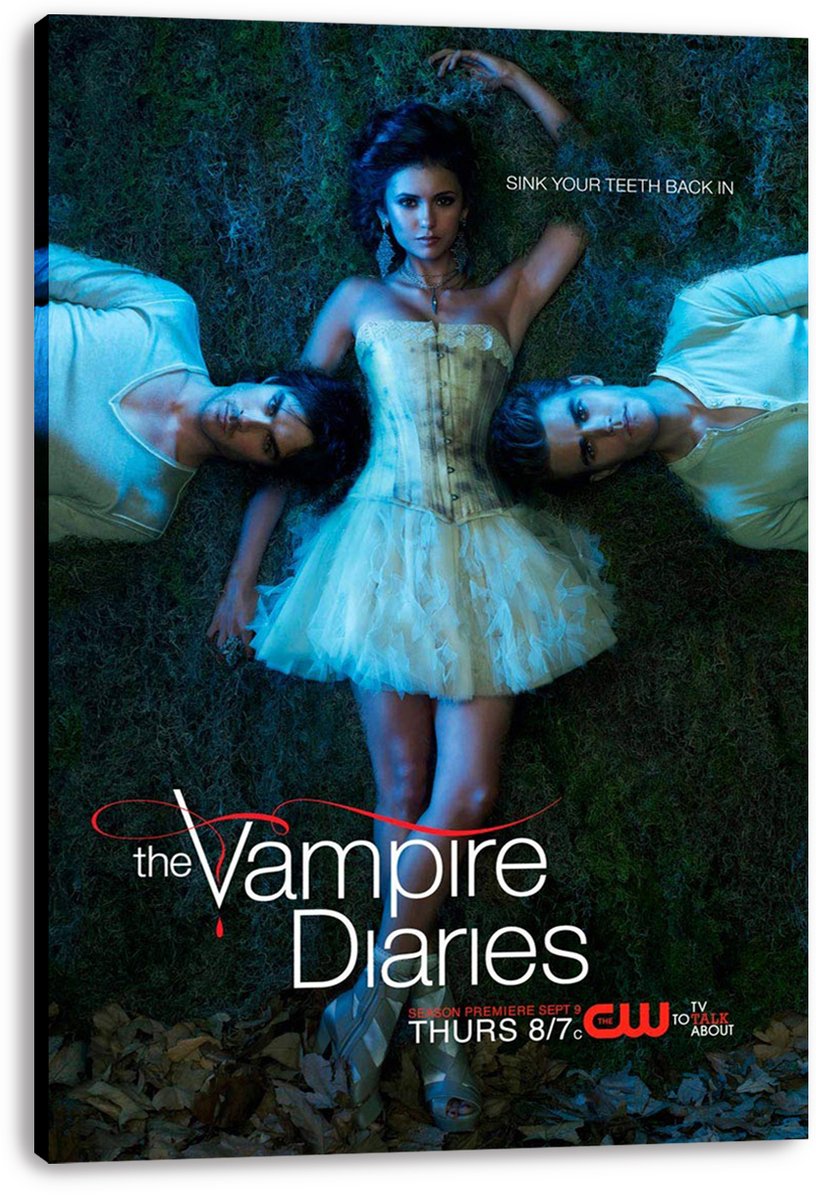 The Vampire Diaries canvas wall art print depicts a woman in a white dress on grass between two men, with blue lighting and series text.