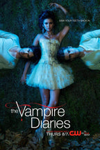 The Vampire Diaries poster depicts a woman in a white dress lying on grass between two men, with blue moody lighting and title text.