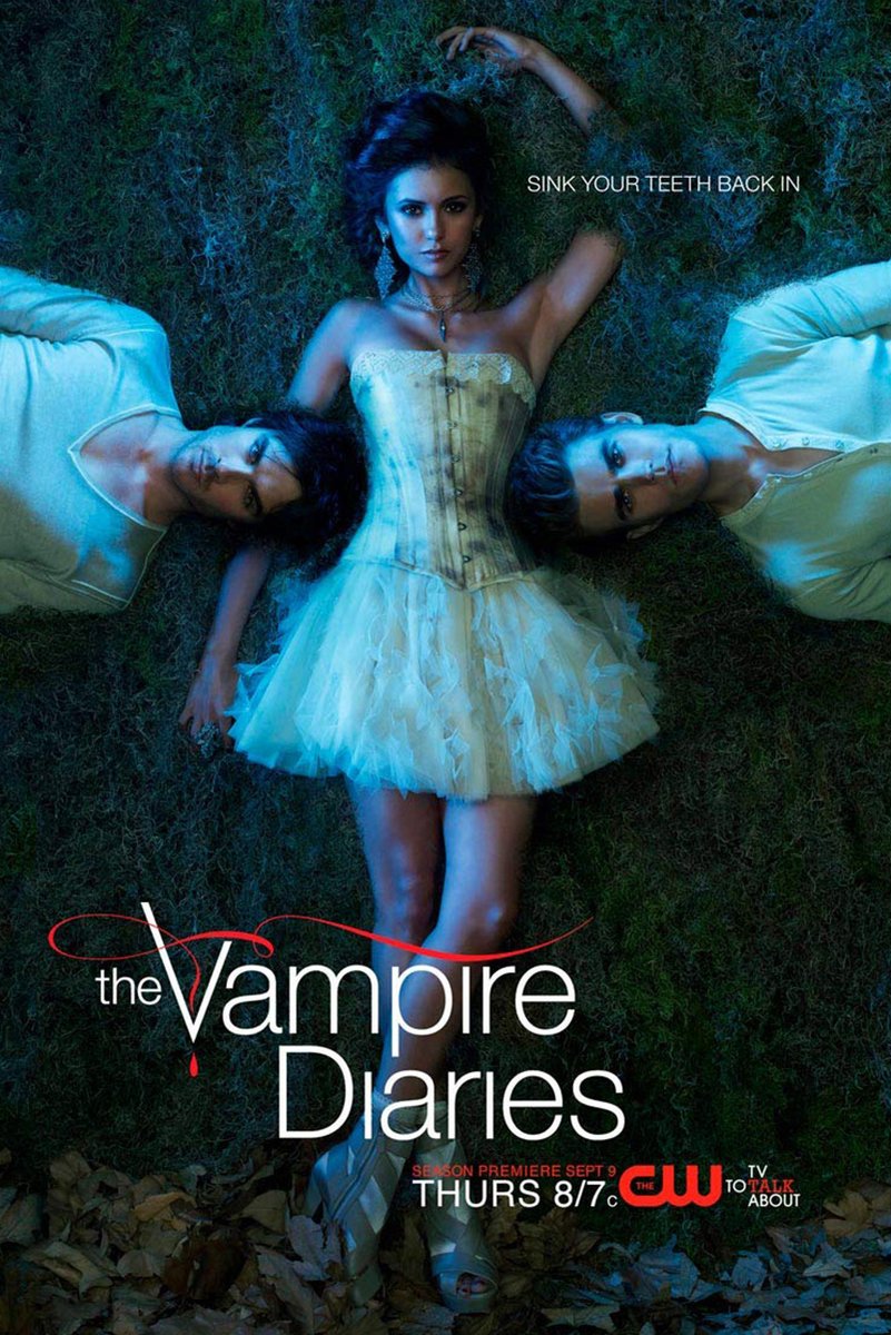 The Vampire Diaries poster depicts a woman in a white dress lying on grass between two men, with blue moody lighting and title text.