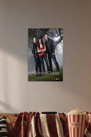 The Vampire Diaries TV Series in a cozy movie room above a brown sofa with popcorn.
