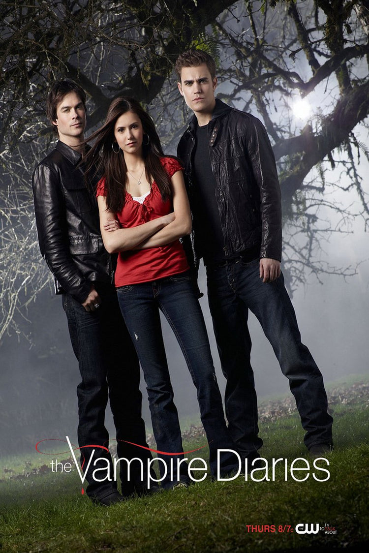 The Vampire Diaries poster featuring Elena in red between Damon and Stefan beneath mossy trees in a misty forest.