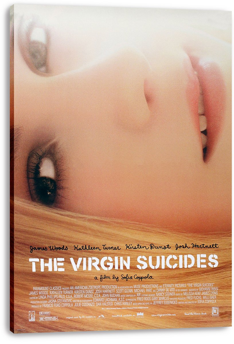 The Virgin Suicides canvas wall art print displays a sideways blonde face with large eyes and the white film title below.