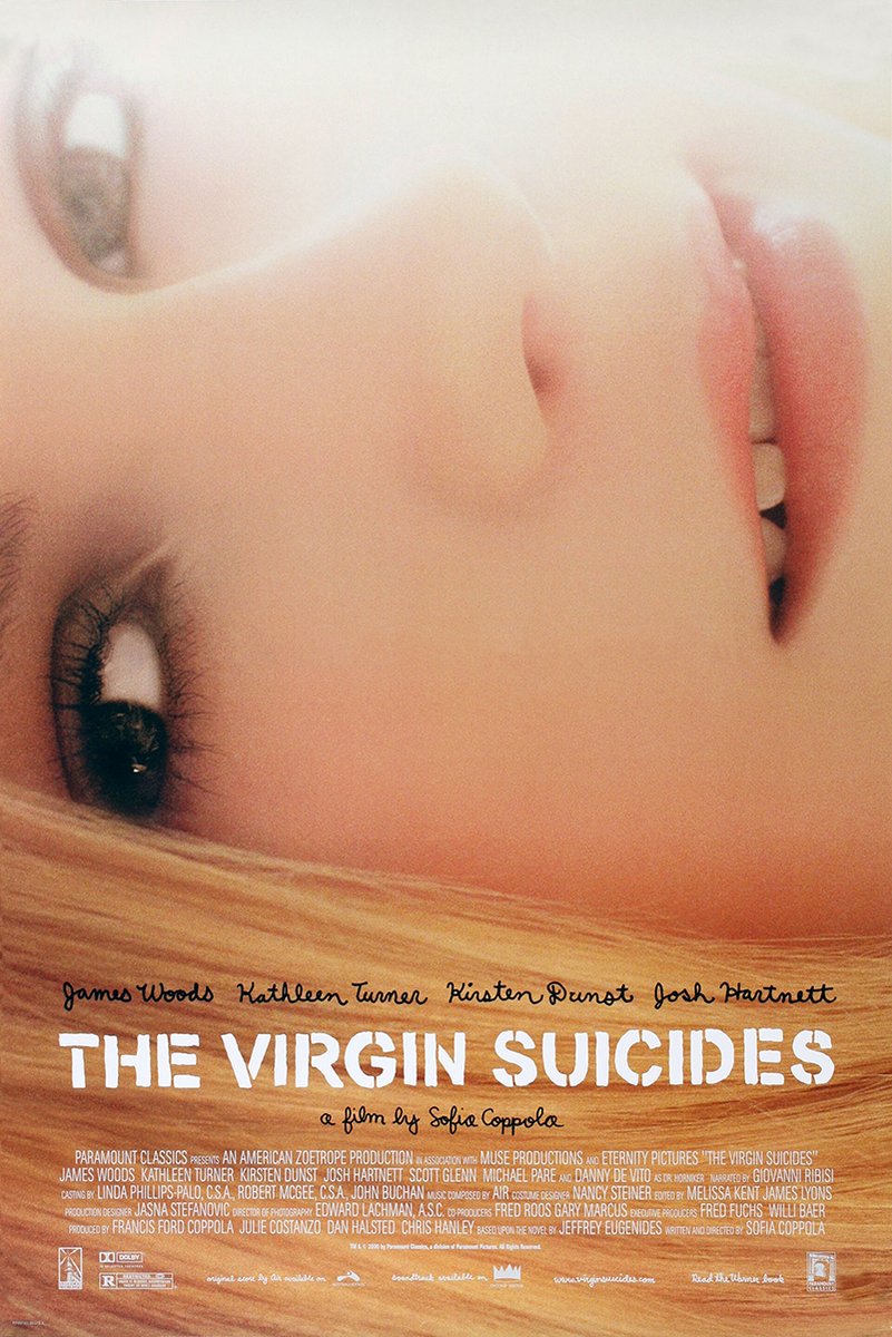The Virgin Suicides movie poster features a soft sideways close-up of a blonde woman’s face in peach and cream tones.
