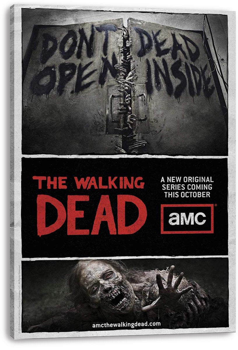 The Walking Dead canvas wall art print displays warning-painted double doors, zombie hands, red series lettering, and a reaching walker.