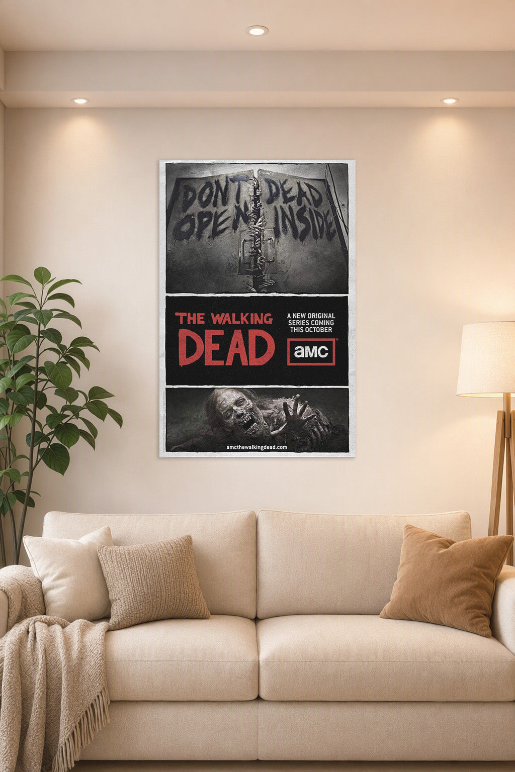 The Walking Dead Don't Open Dead Inside in a bright living room above a beige sofa.