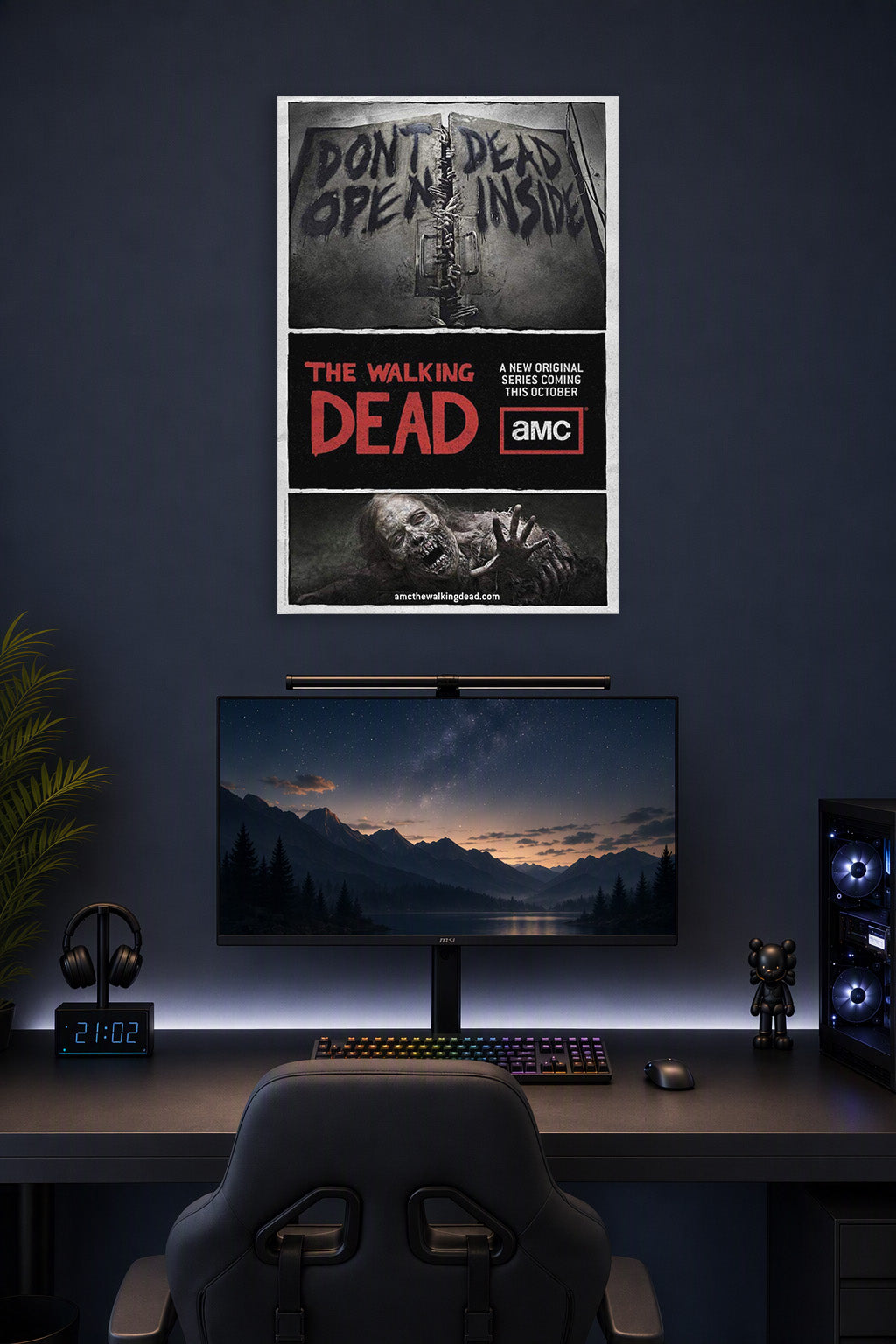 The Walking Dead Don't Open Dead Inside in a gaming desk setup above a monitor.