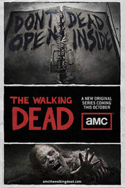 The Walking Dead poster features "Don't Open Dead Inside" doors with grasping hands, red title text, and a snarling walker.