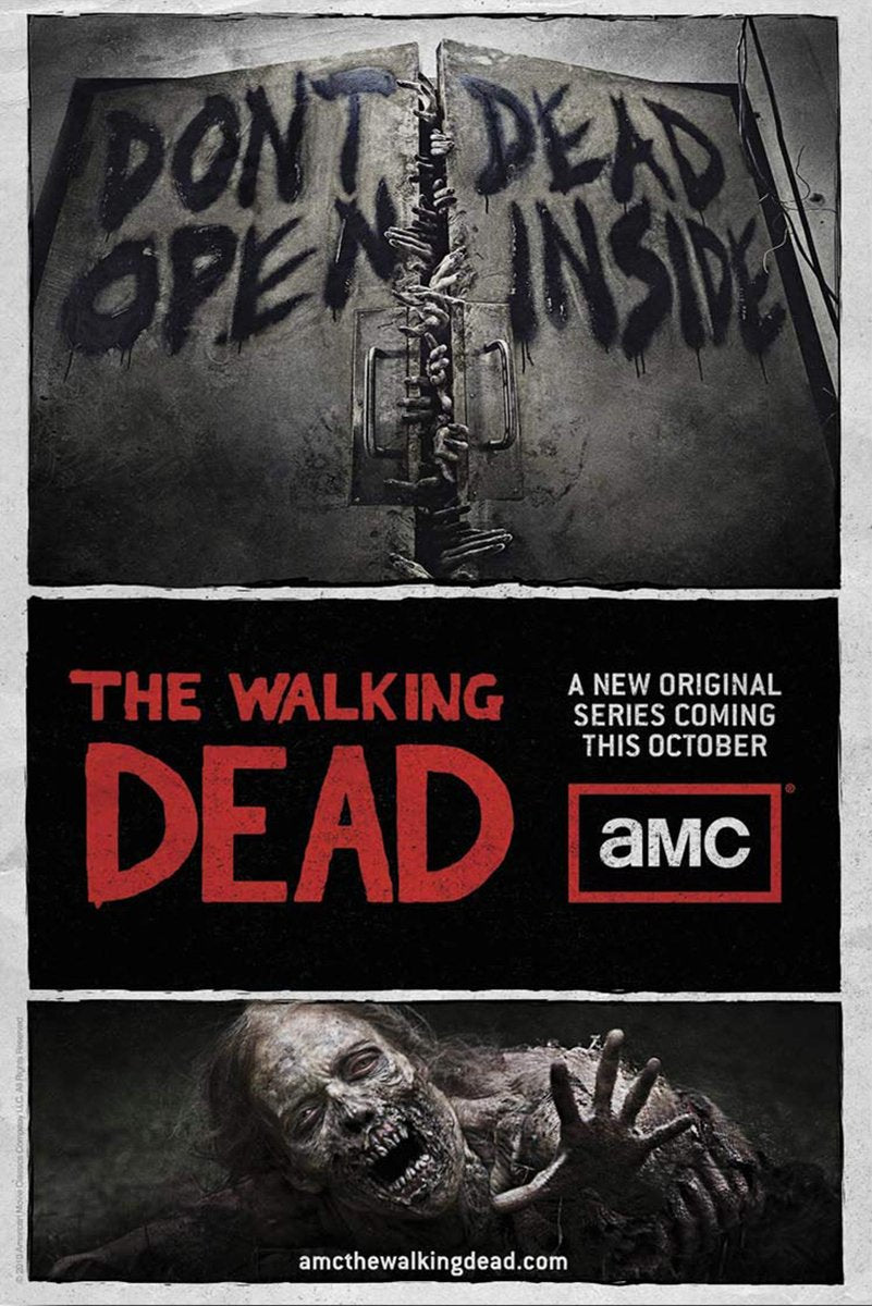 The Walking Dead poster features "Don't Open Dead Inside" doors with grasping hands, red title text, and a snarling walker.
