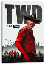 The Walking Dead canvas wall art print features Rick Grimes in red beneath distressed TWD text, with survivors and walkers below.