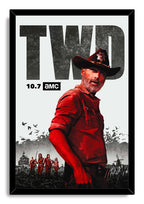 The Walking Dead framed wall art print depicts Rick Grimes in a sheriff hat, red shirt, and a walker-filled landscape beneath TWD text.
