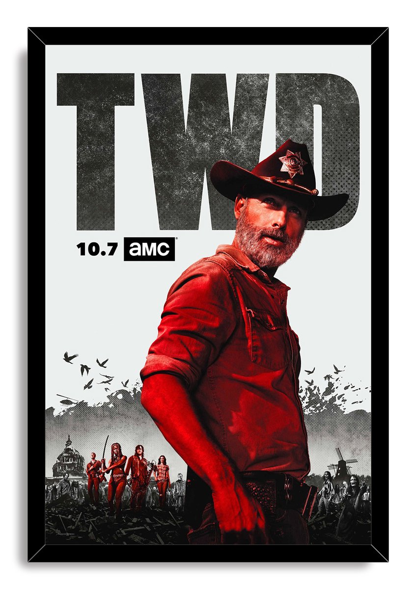 The Walking Dead framed wall art print depicts Rick Grimes in a sheriff hat, red shirt, and a walker-filled landscape beneath TWD text.
