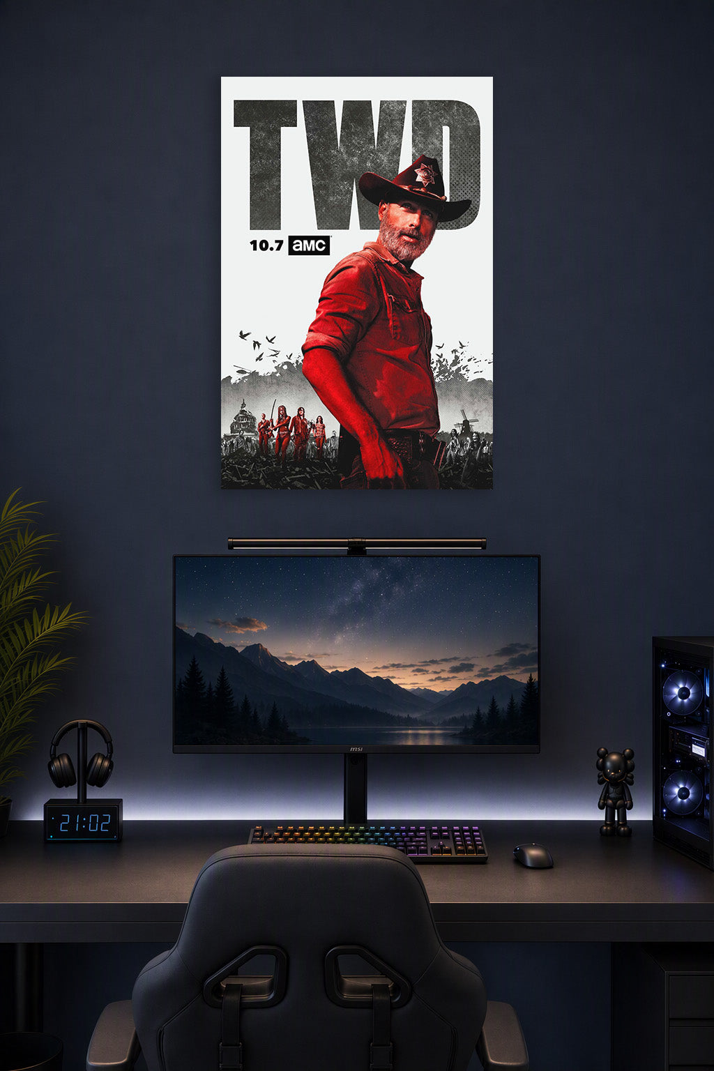 The Walking Dead Rick Grimes in a gaming desk setup above a monitor.