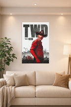The Walking Dead Rick Grimes in a bright living room above a beige sofa.