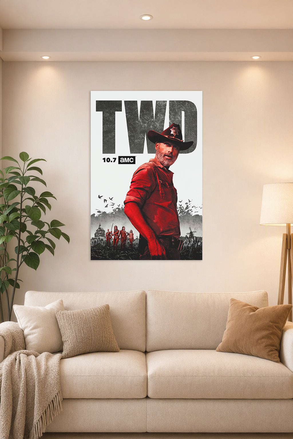 The Walking Dead Rick Grimes in a bright living room above a beige sofa.