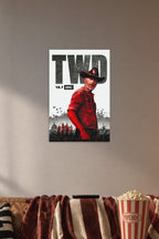 The Walking Dead Rick Grimes in a cozy movie room above a brown sofa with popcorn.